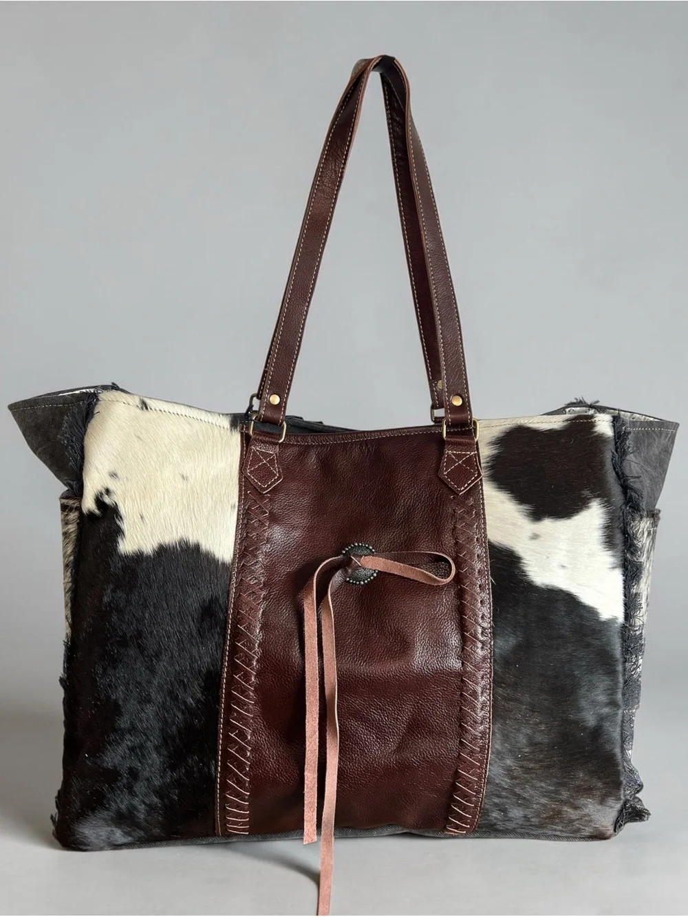 Myra Bag Cowhide Weekender Tote Overnight Leather Western Boho Shoulder Carry-on - Picture 5 of 13
